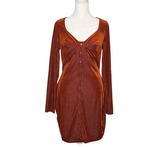 Bear Dance Ribbed Velvet Bodycon Mini Dress Rust Long Sleeve Women's Large Y2K - Picture 1 of 10